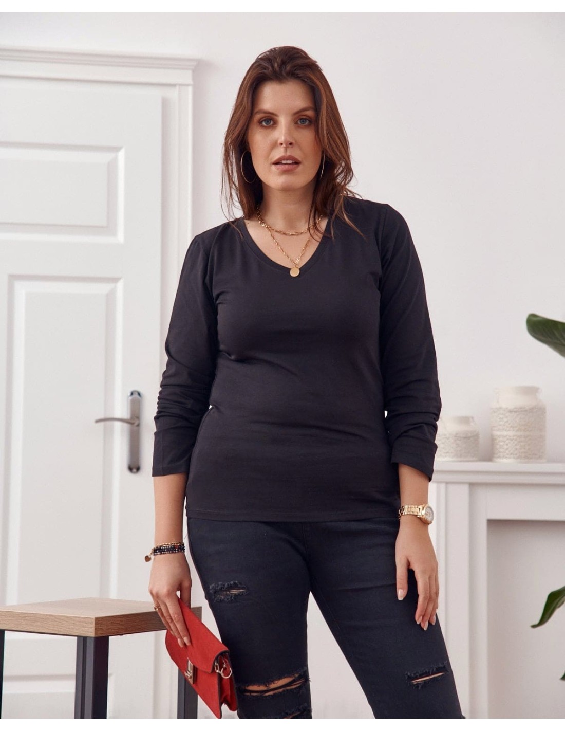 Plus Size long-sleeved blouse, black FK568 - Online store - Boutique